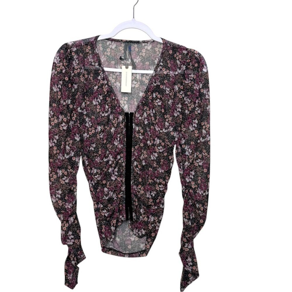Anthropologie Mesh Floral Long Sleeve Sheer Blouse‎ Women S Black Multi NWT Boho